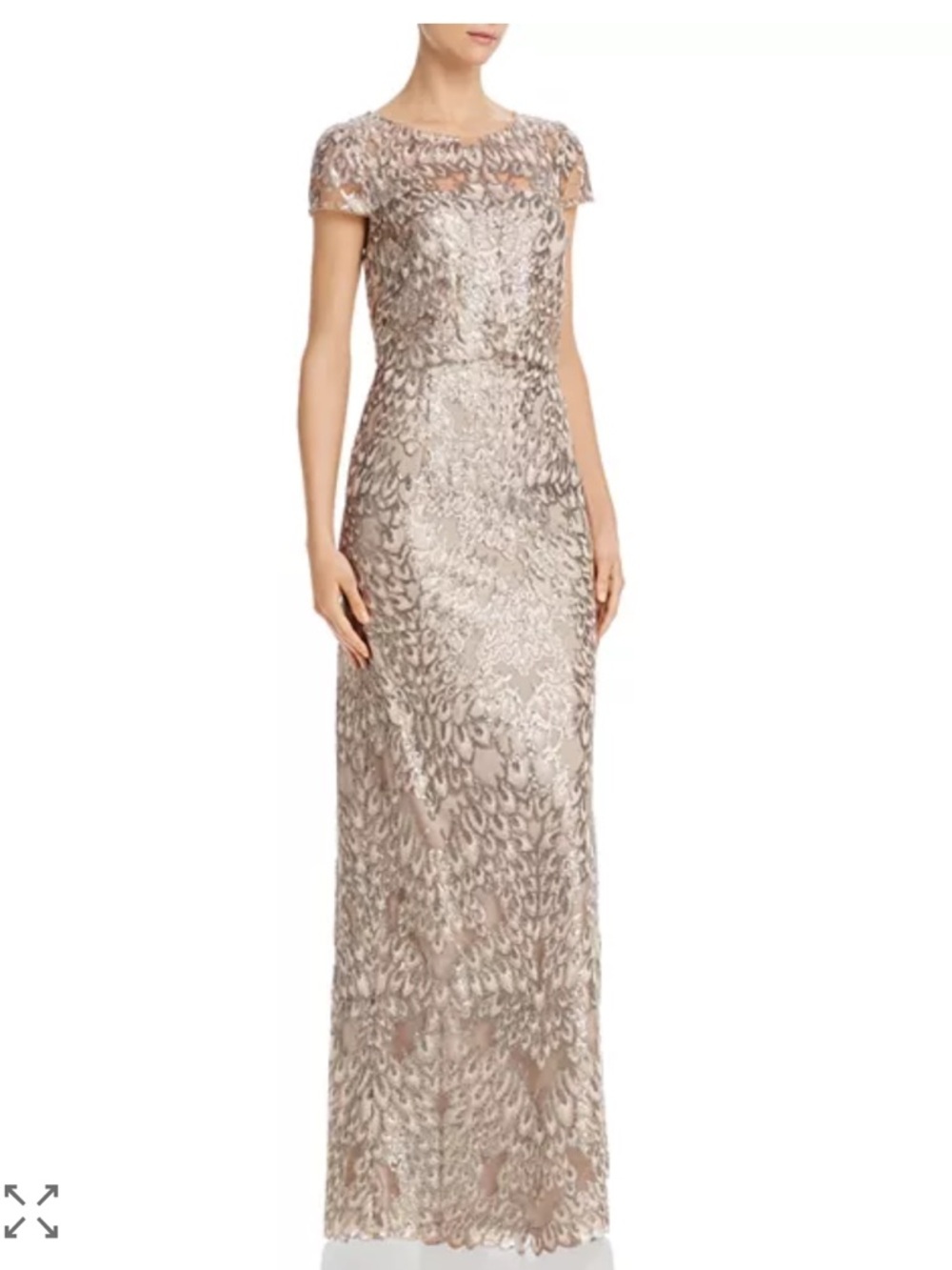 Adrianna Papell Metallic Sequin Lace Cap-Sleeve Maxi Dress - Champagne | 4